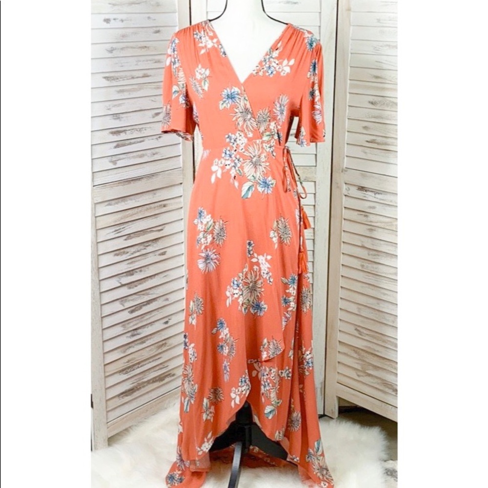 FAITH & ASHER | Coral Floral Maxi Wrap Dress Sz M